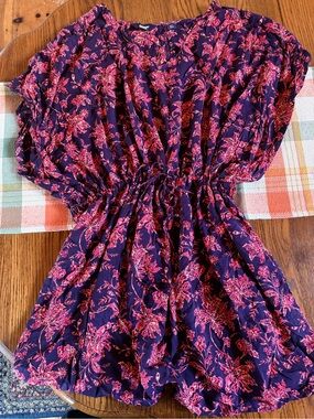 Lands' End Navy Top with Pink Floral Pattern